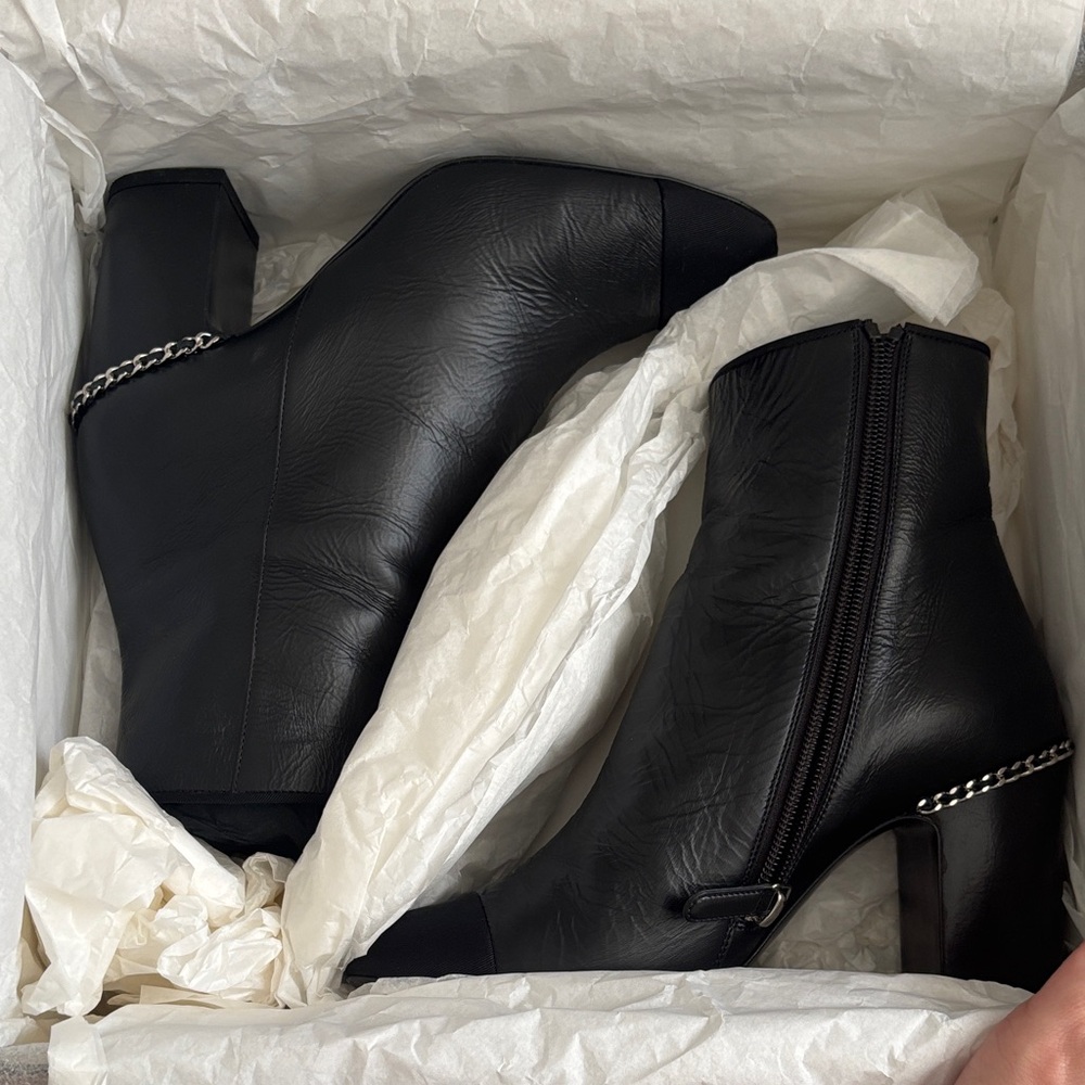 Chanel Black Leather Ankle Boots with Chain Detail